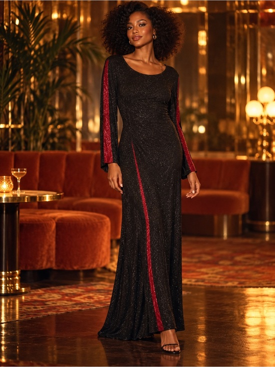 Dresses & Skirts - Vintage 1970s Black & Red Metallic Knit Maxi Dress